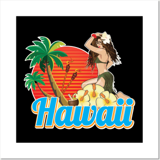 Hawaii Beautiful Hula Girl Sunset Palmes Posters and Art